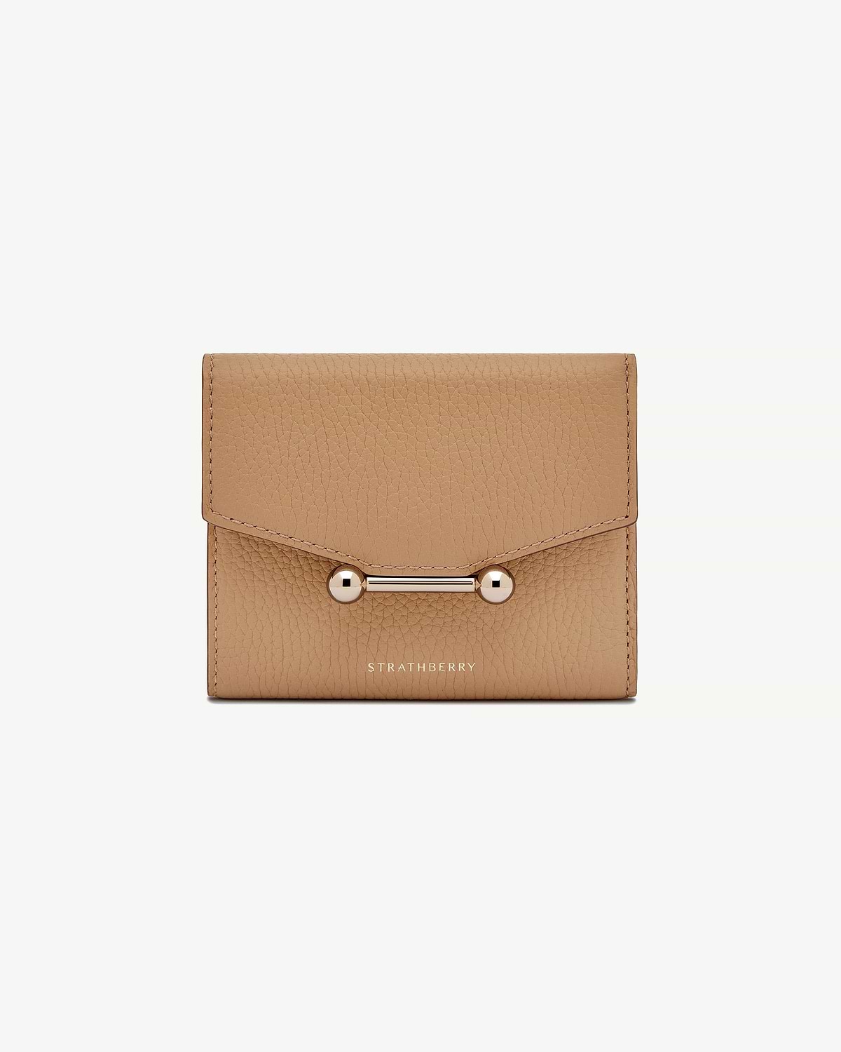 Caramel Strathberry mosaic trifold wallet with gold bar closure and pebbled leather.