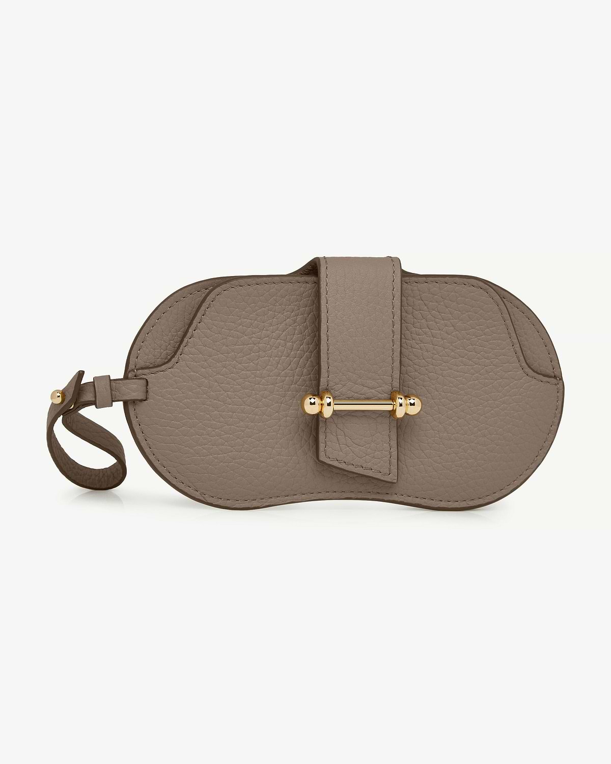 Taupe leather sunglasses case with gold bar fastening and wrist strap