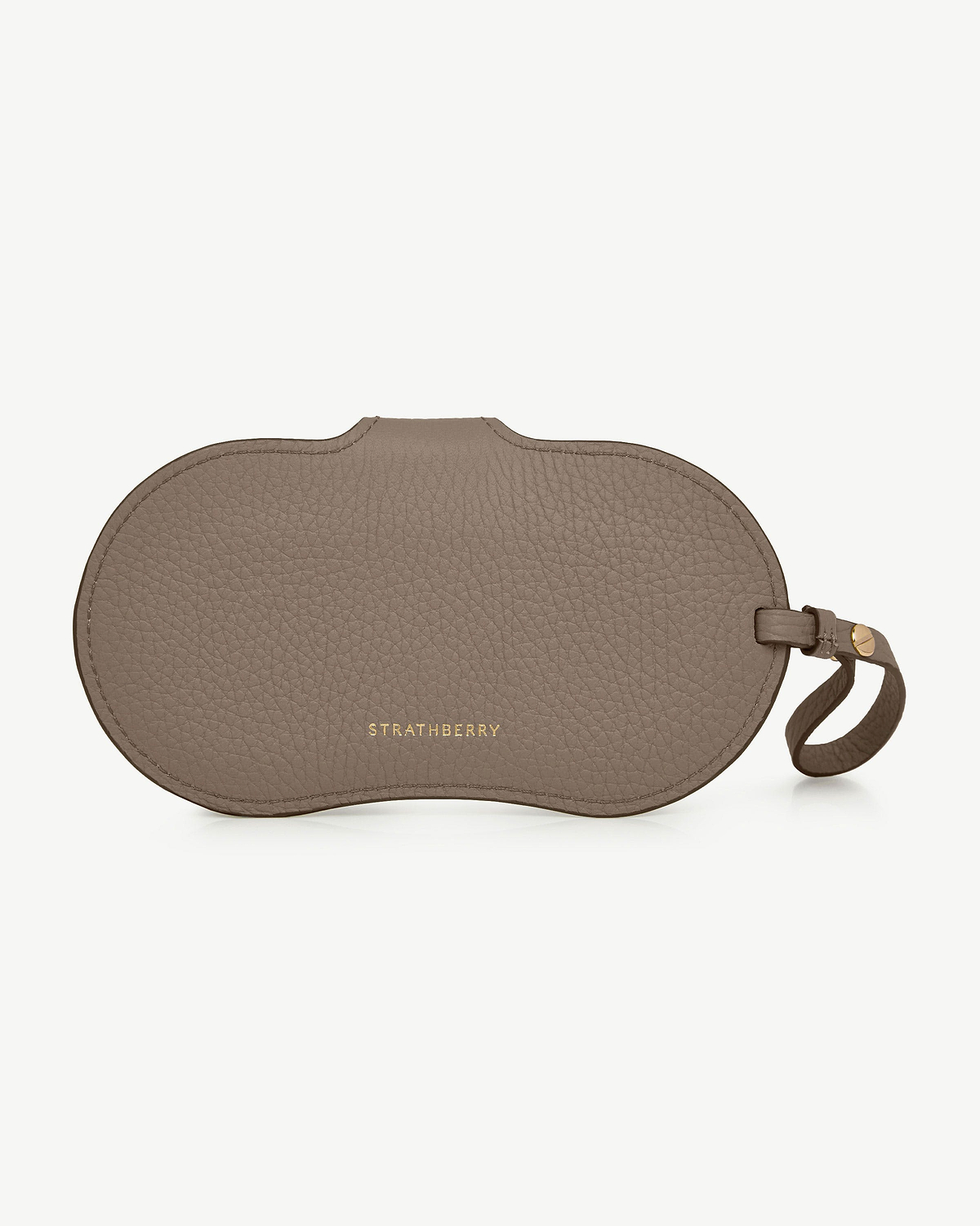 Taupe pebbled leather Strathberry Multrees sunglasses case with loop strap and gold logo.