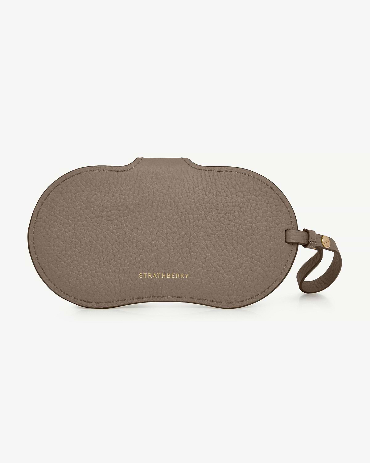 Taupe pebbled leather Strathberry Multrees sunglasses case with loop strap and gold logo.