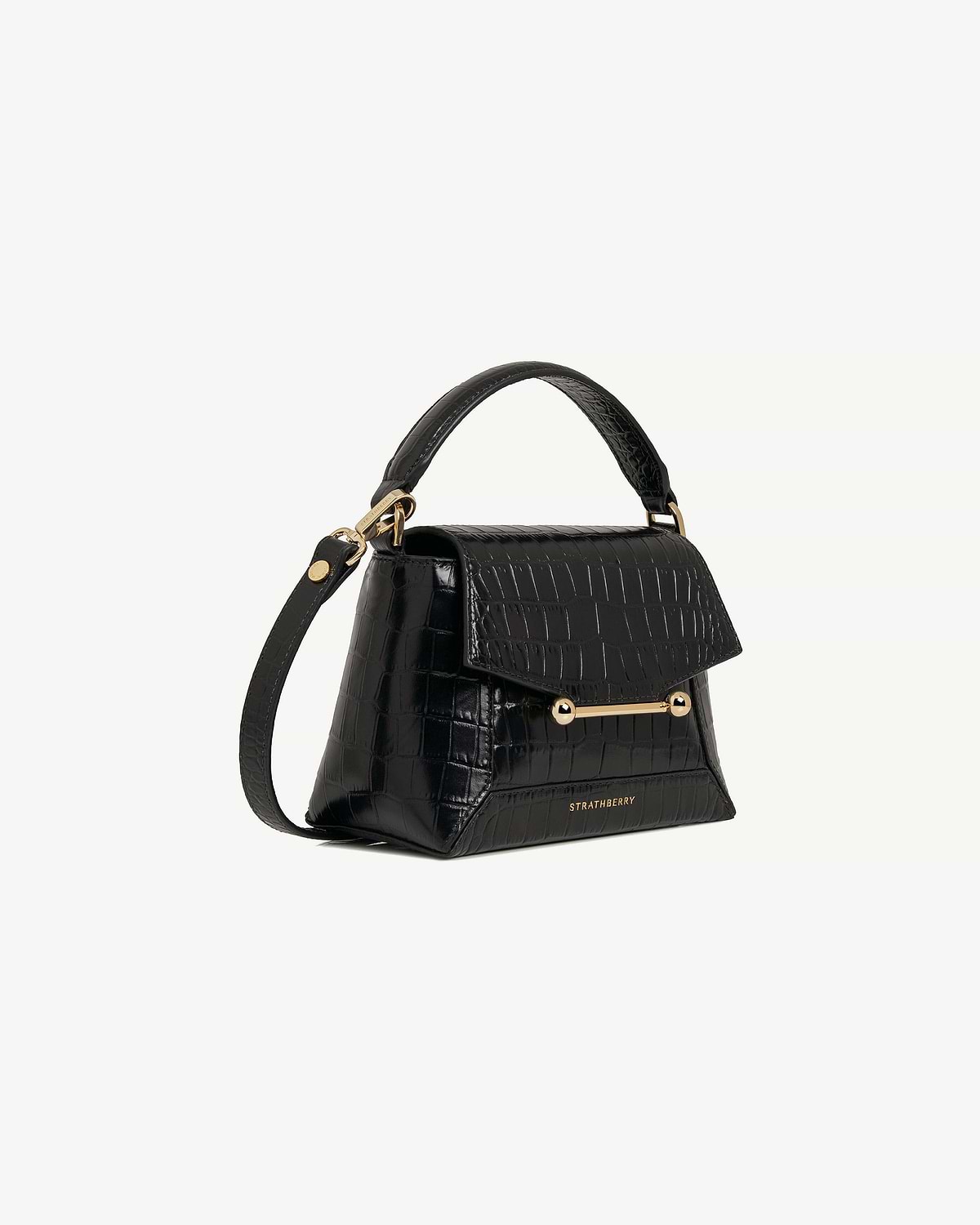 Strathberry Mosaic Nano soft croc black leather top handle bag with gold bar