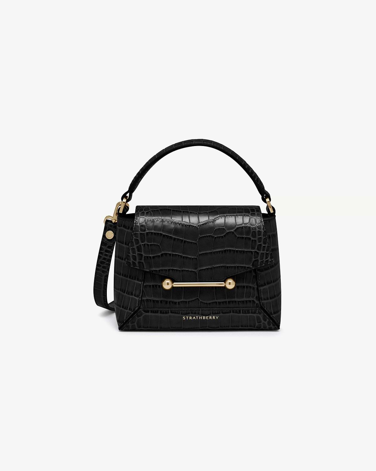 Black croc-effect Mosaic Nano bag with top handle, gold bar detail, Strathberry