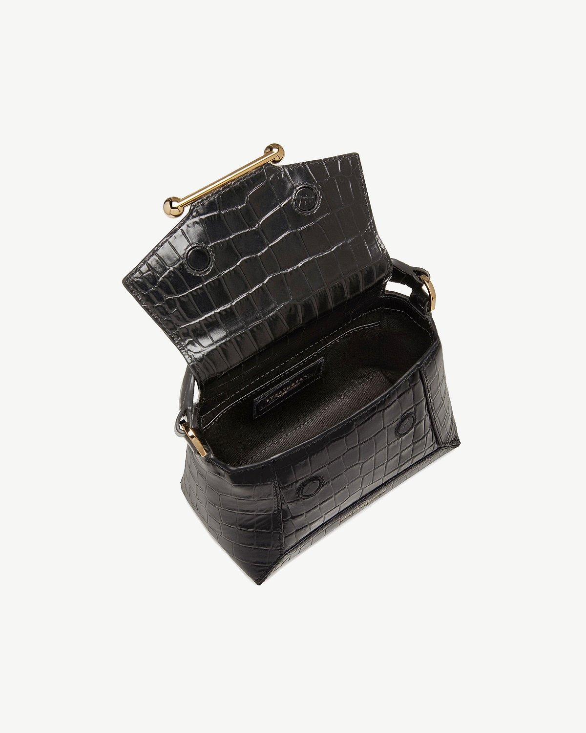 Black soft croc Mosaic Nano bag open showing interior and gold bar clasp.