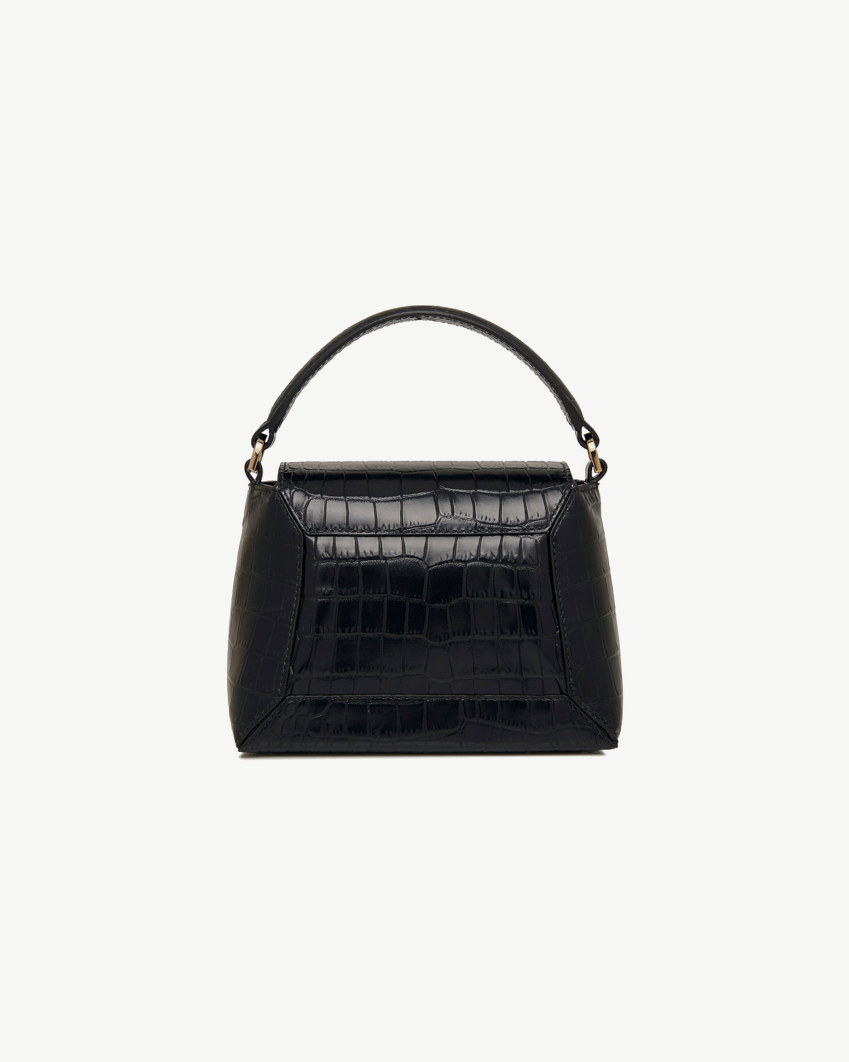 Black croc-effect handbag with curved top handle and front flap.