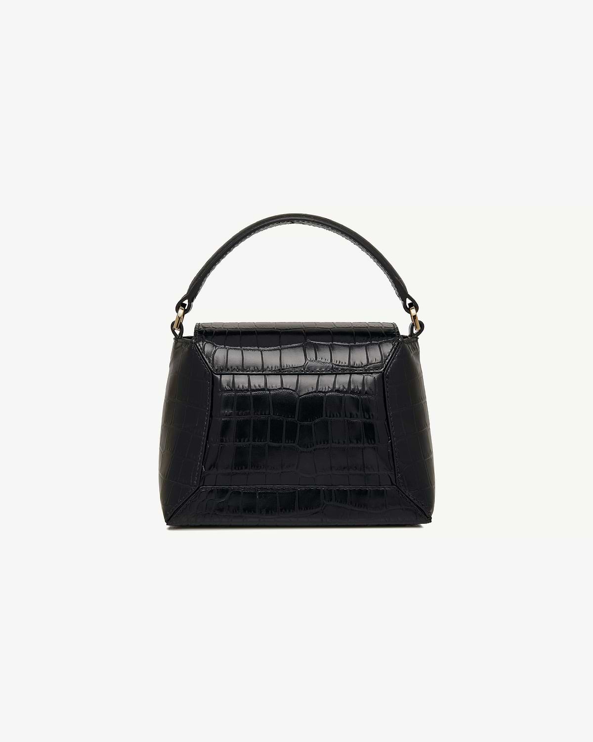 Black croc-effect handbag with curved top handle and front flap.