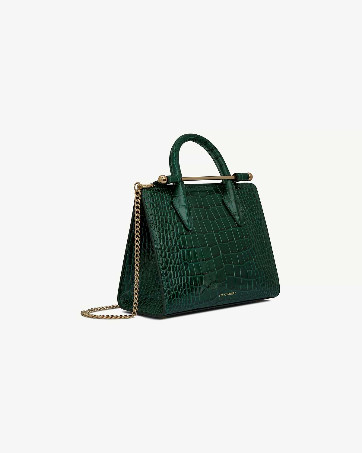 Strathberry mini tote in green croc leather with gold chain strap.