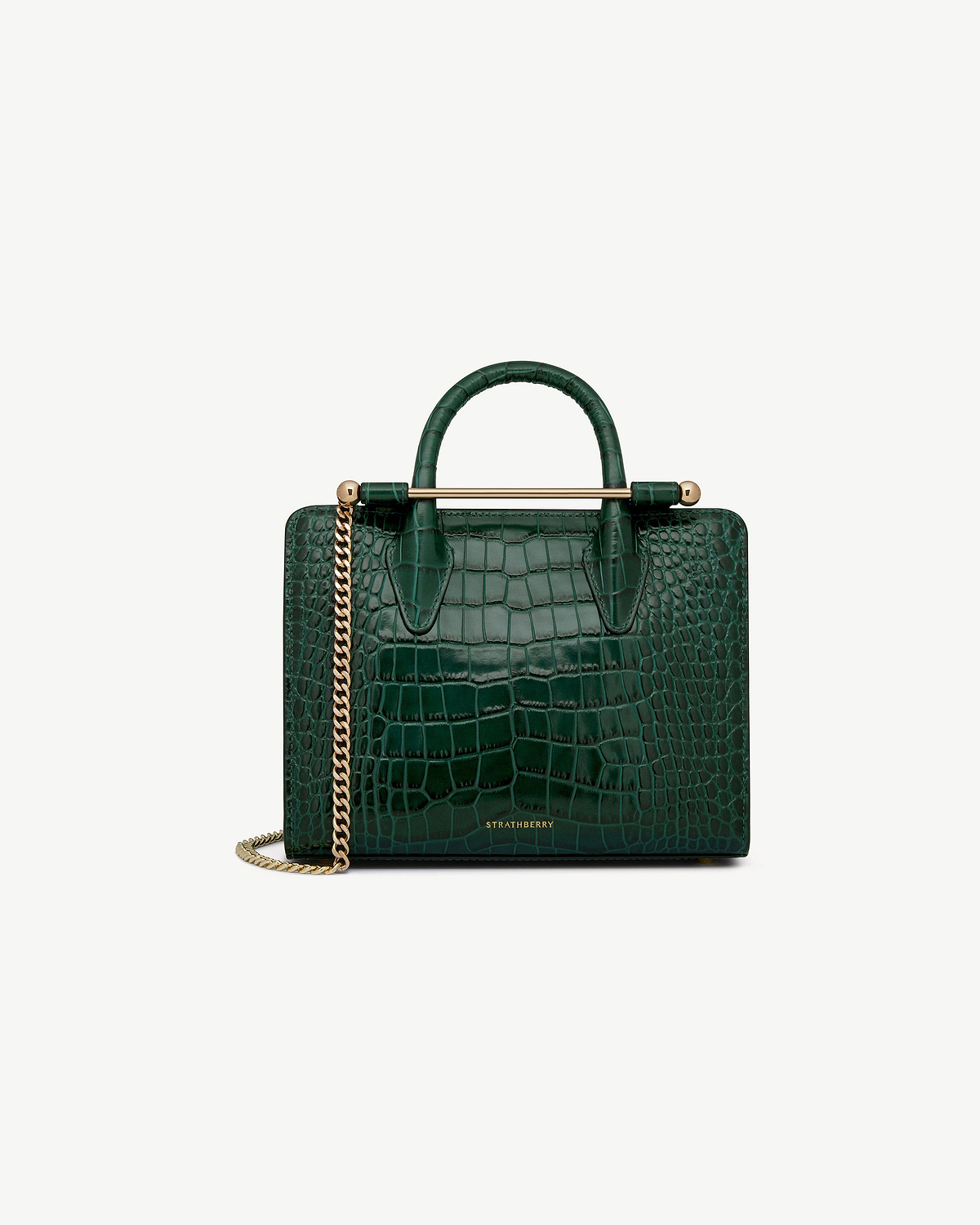 Strathberry green croc mini tote with top handle, gold chain strap and bar detail