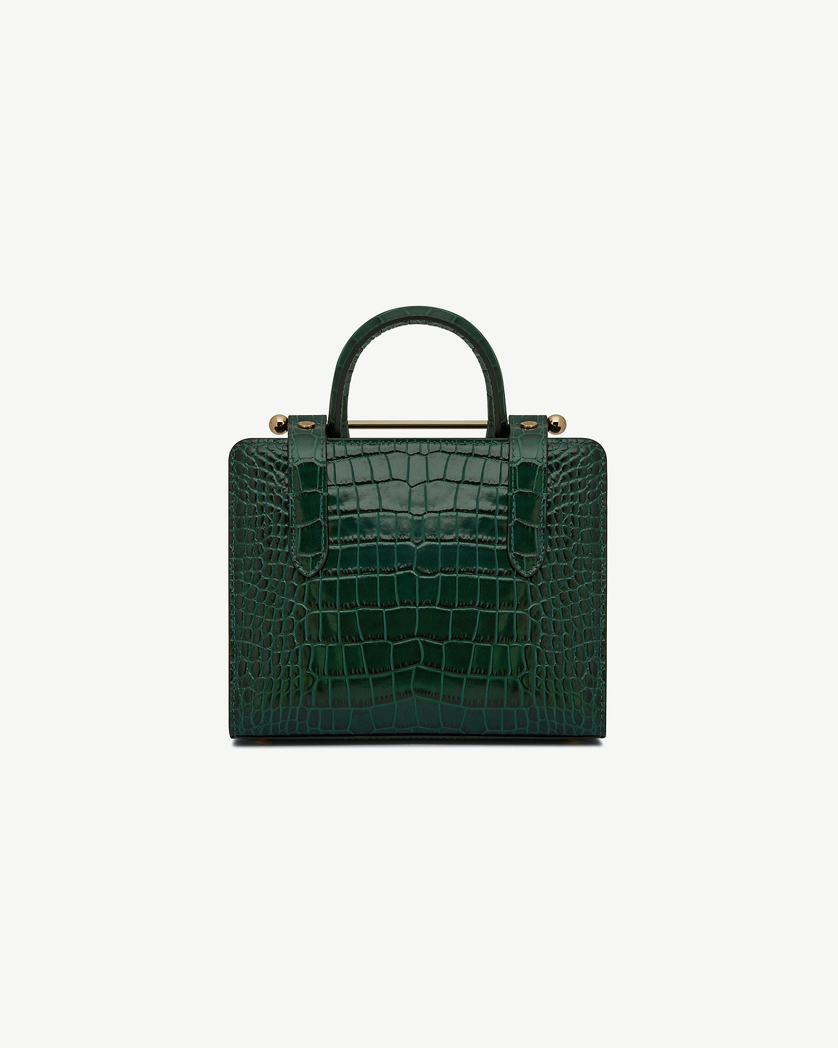 Dark green croc-embossed mini tote with top handles and gold bar hardware.