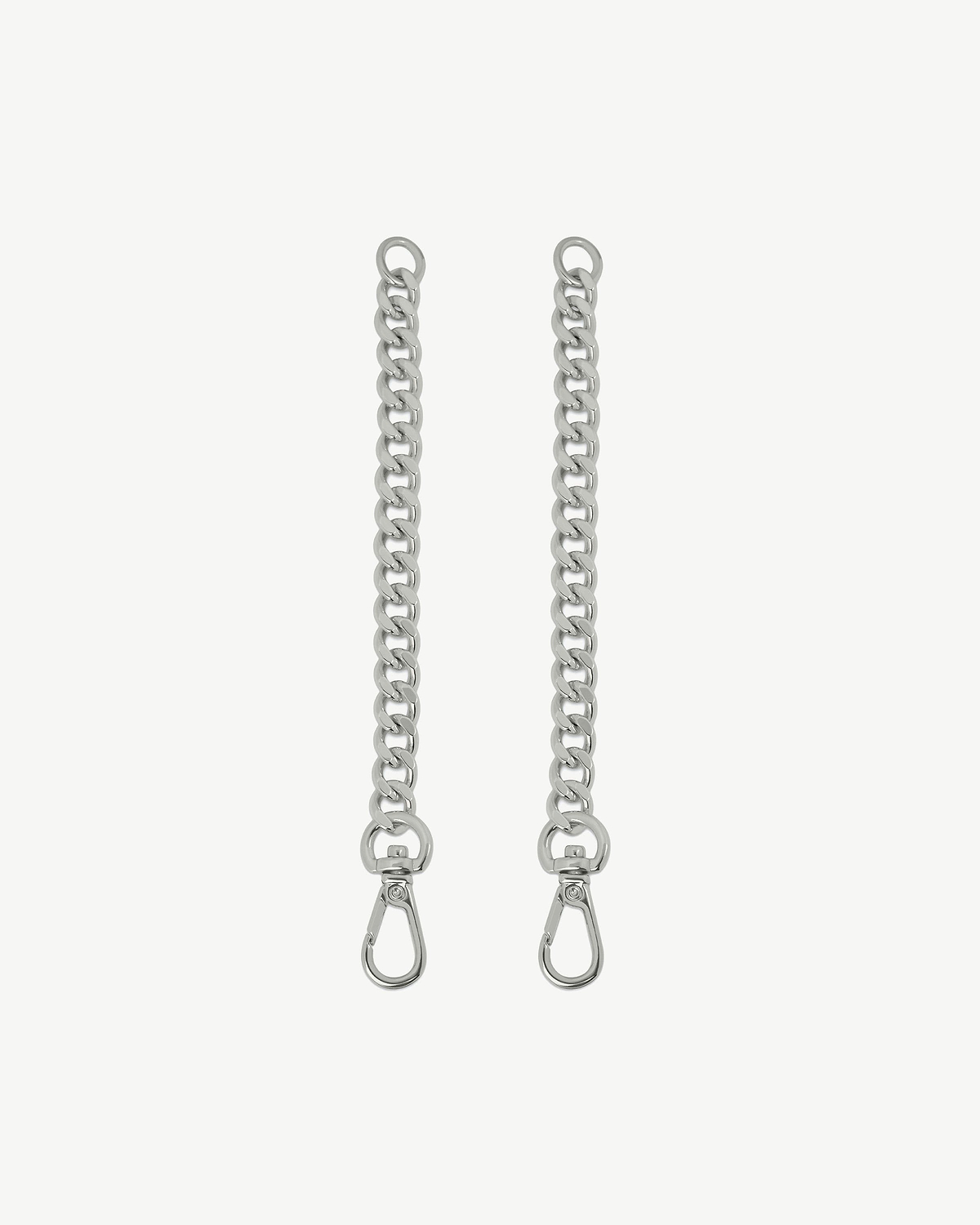 Two silver chain extenders with lobster clasps on a white background
