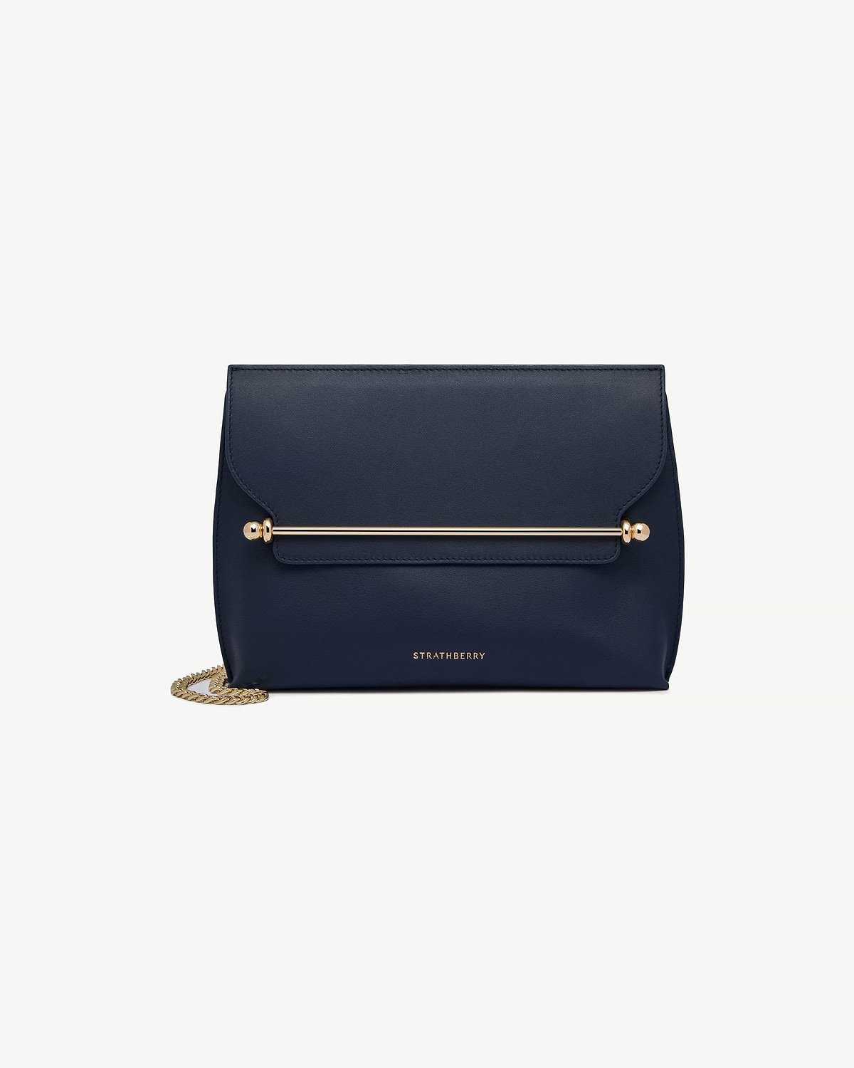 Strathberry Stylist bag in marine blue with gold bar and chain strap.