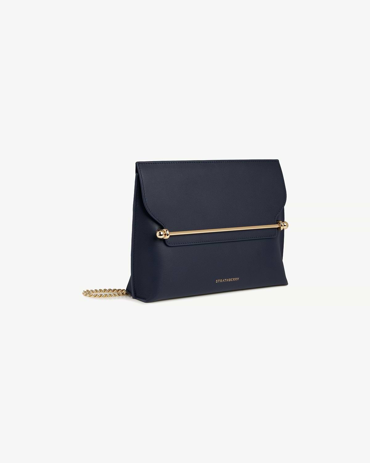 Strathberry Stylist bag in marine blue with gold bar detail and chain strap