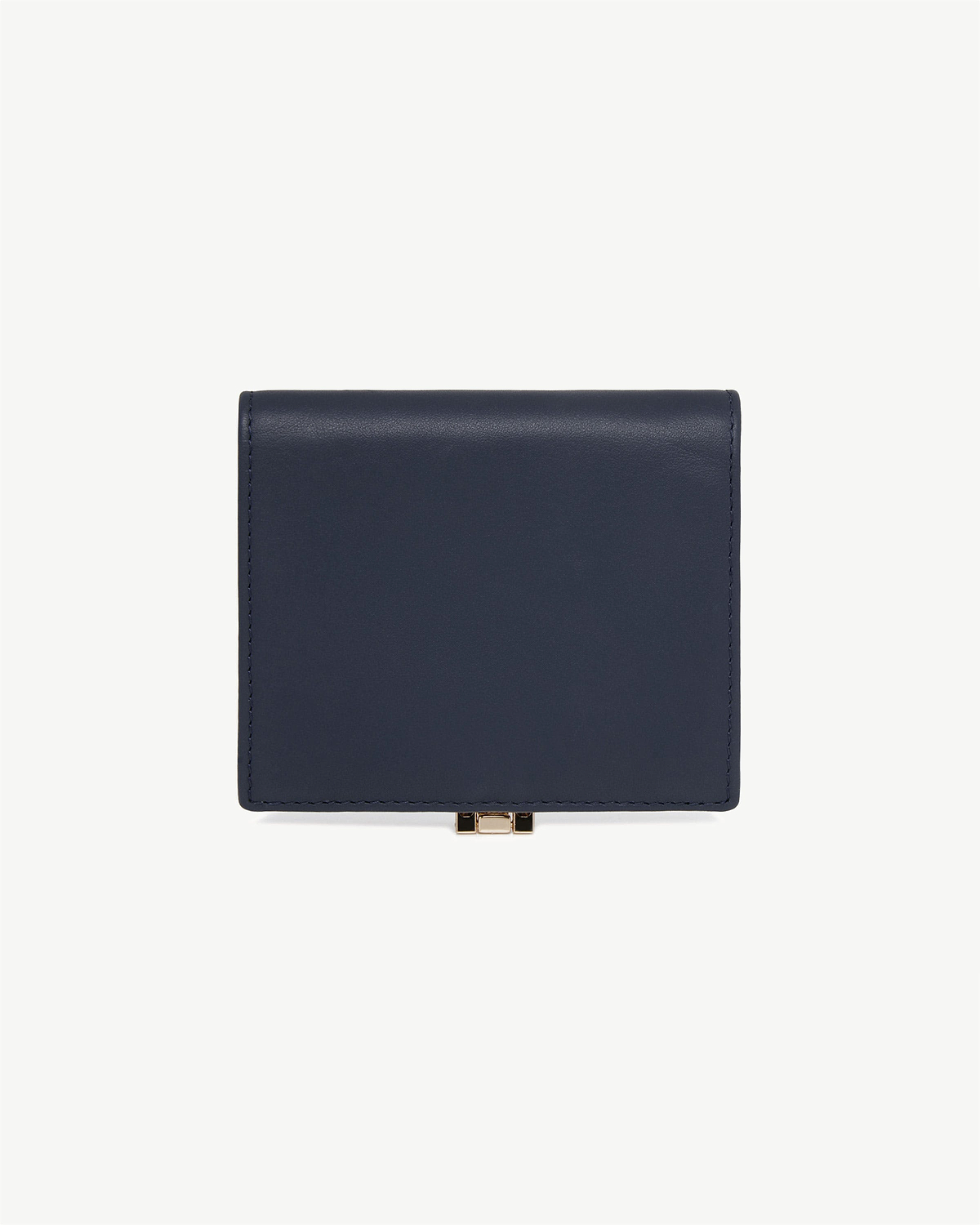 Marine blue leather wallet, front view, closed with a small gold clasp at base.