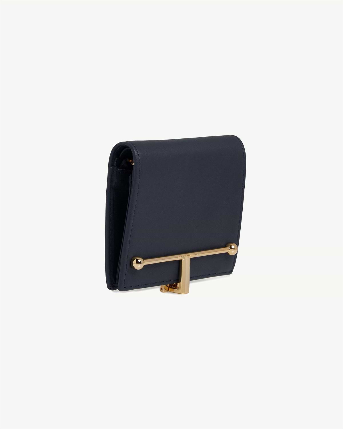 Marine blue folded wallet with gold T-bar clasp and compact profile