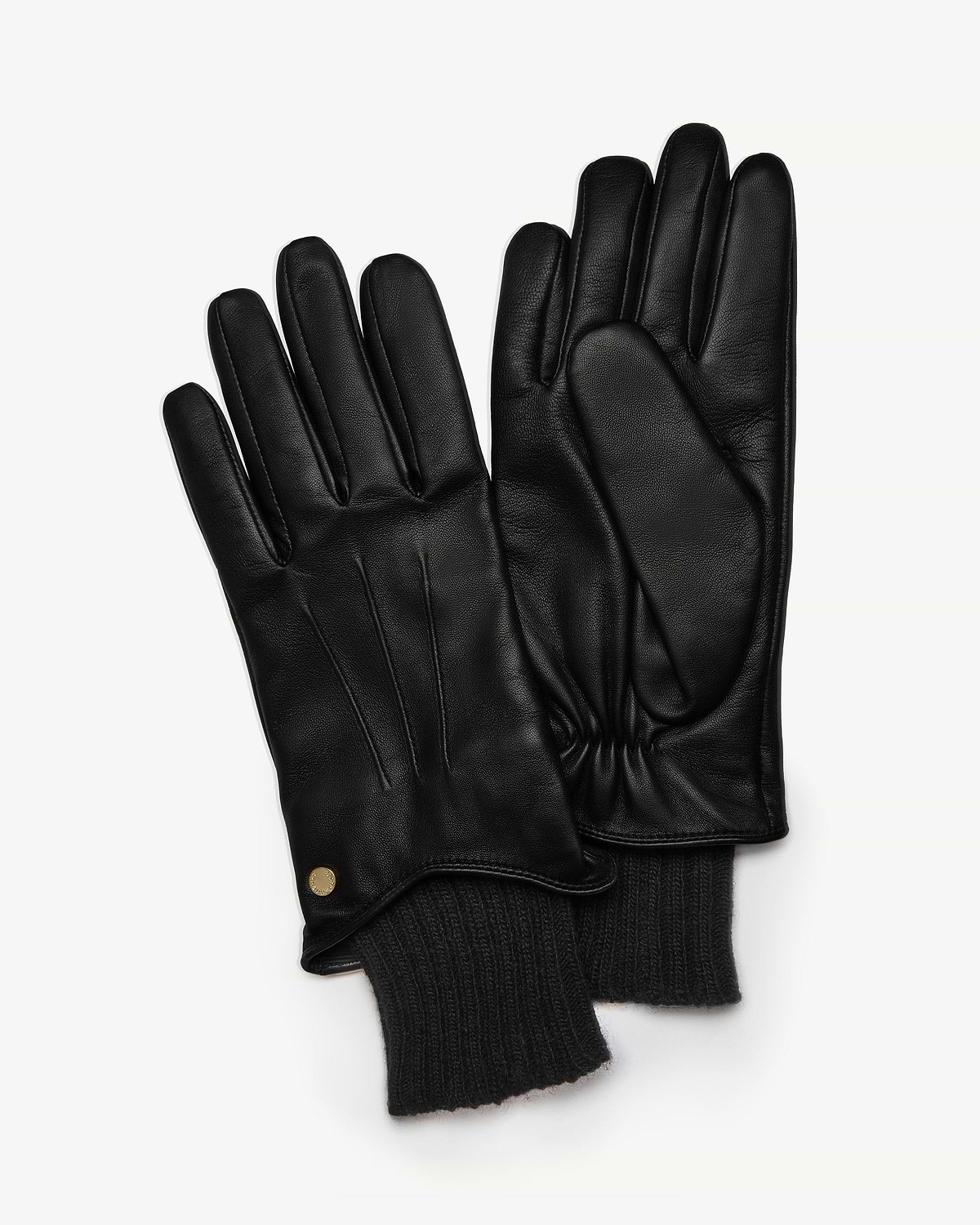 Pair of black leather gloves with ribbed knit cuffs and gold stud detail