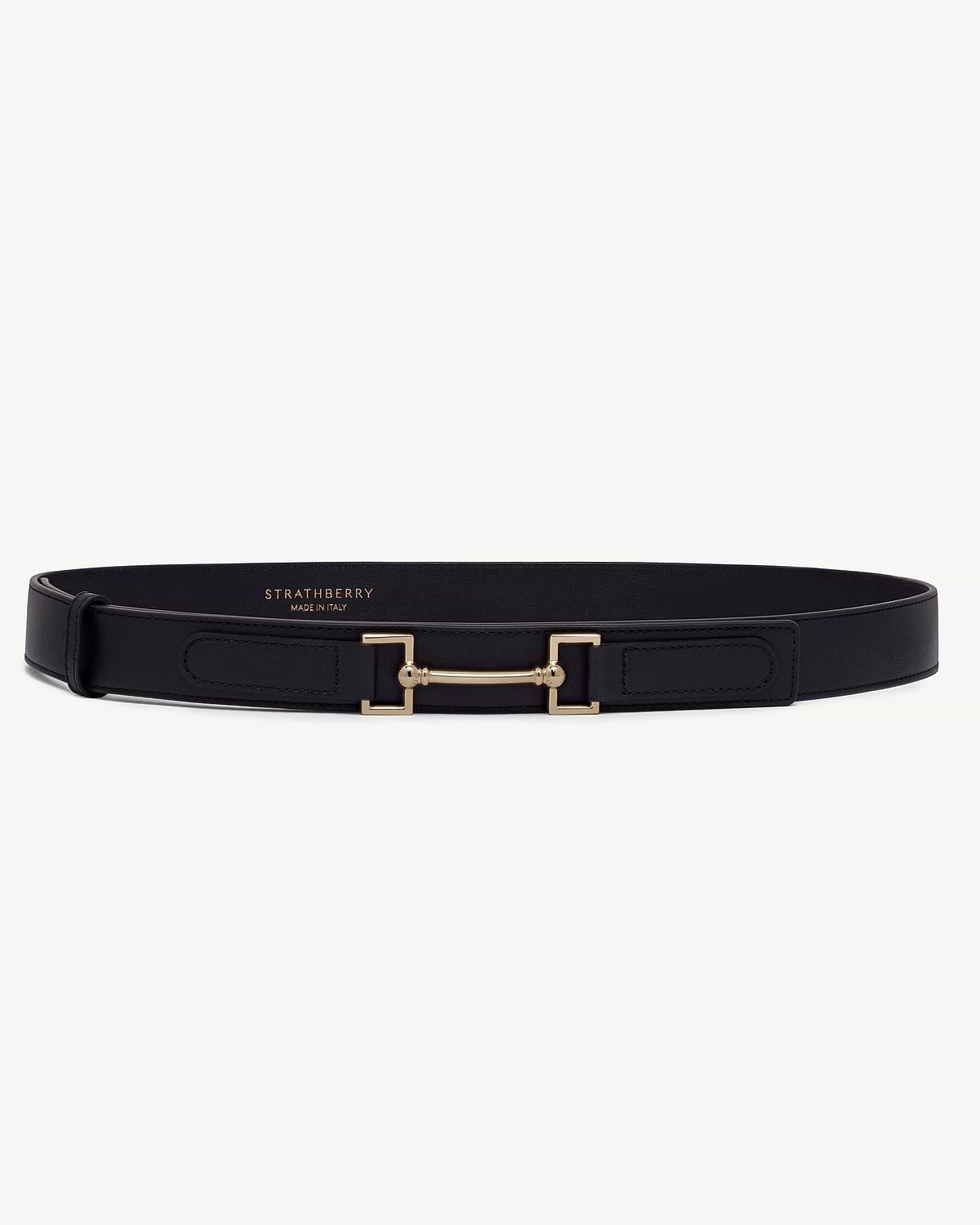 Black leather Stockbridge belt with gold horsebit buckle, Strathberry logo inside.