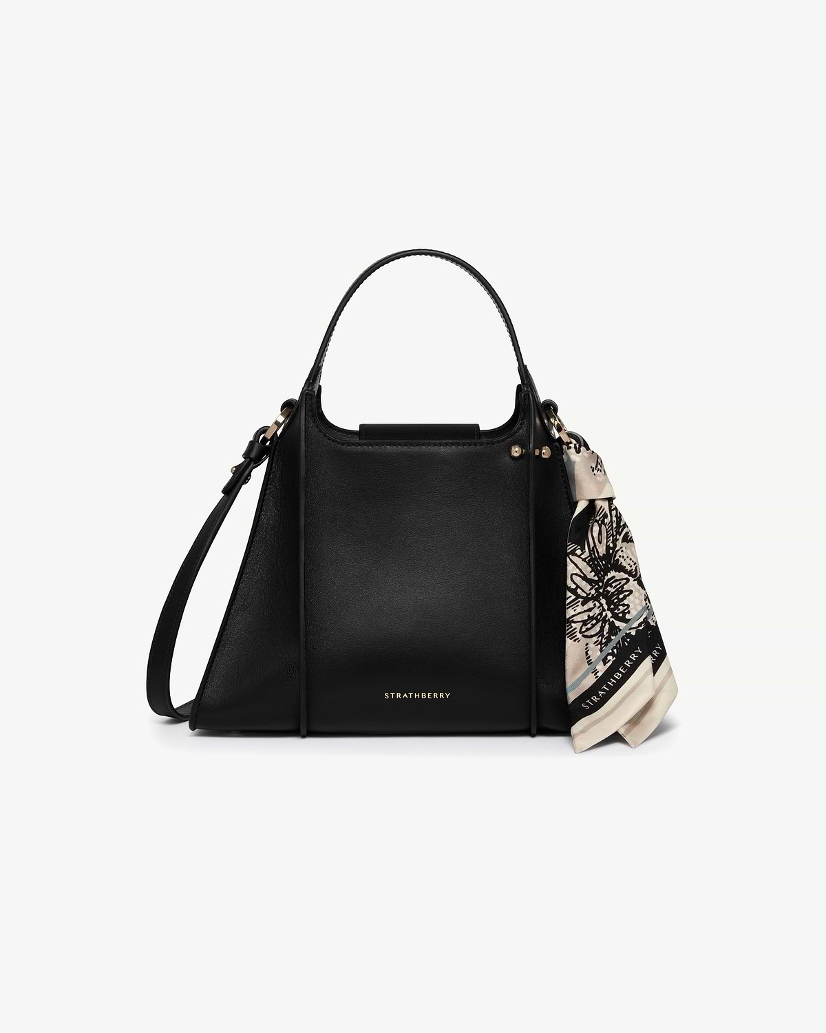 Black Strathberry Arkshell bag with top handle, shoulder strap, gold hardware and patterned scarf
