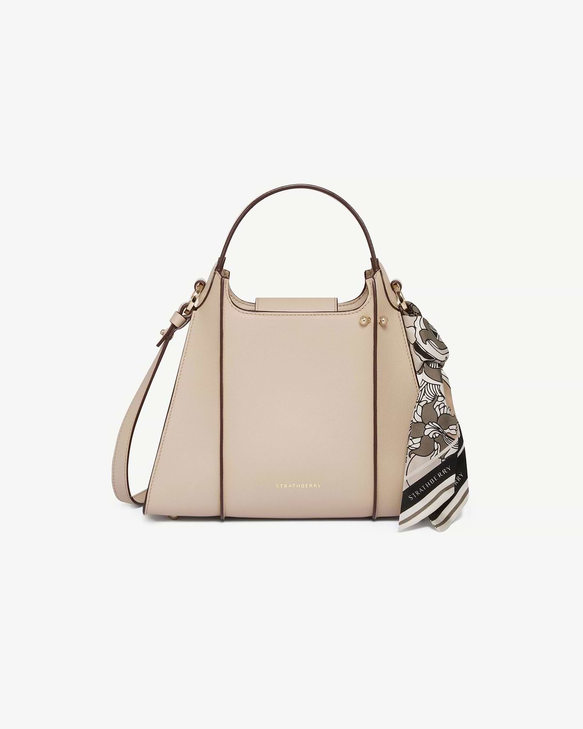 Strathberry Arkshell oat-coloured leather handbag with top handle, shoulder strap and scarf.