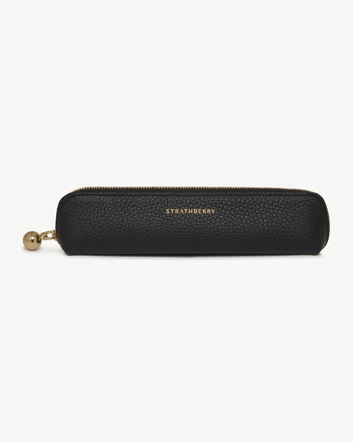 Black pebbled leather pencil case with gold zip, ball pull and Strathberry logo.