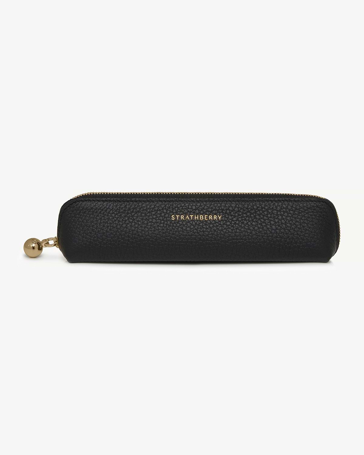 Black pebbled leather pencil case with gold zip, ball pull and Strathberry logo.