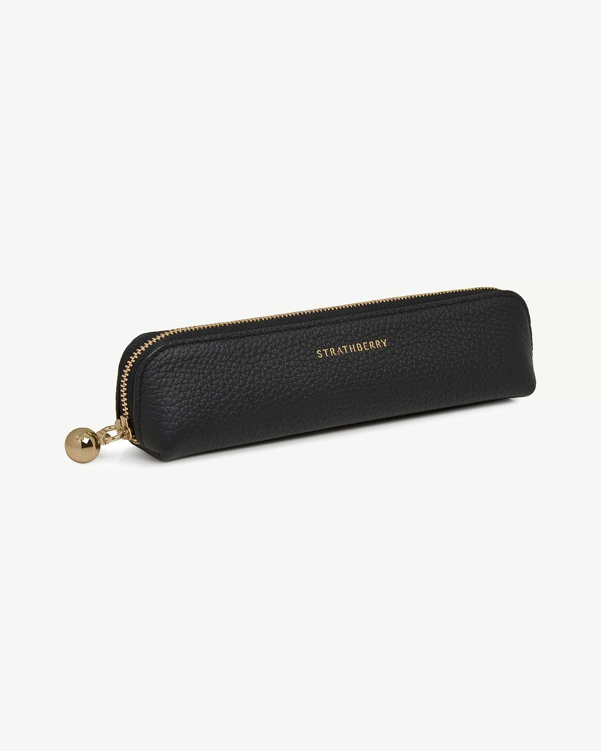 Black pebbled leather pencil case with gold zip and Strathberry logo.