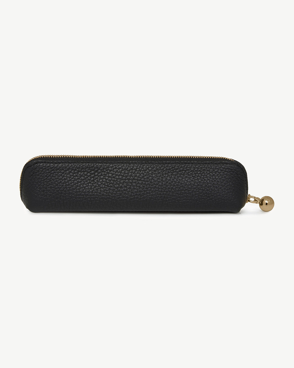 Black pebbled leather pencil case with gold zip and round pull.