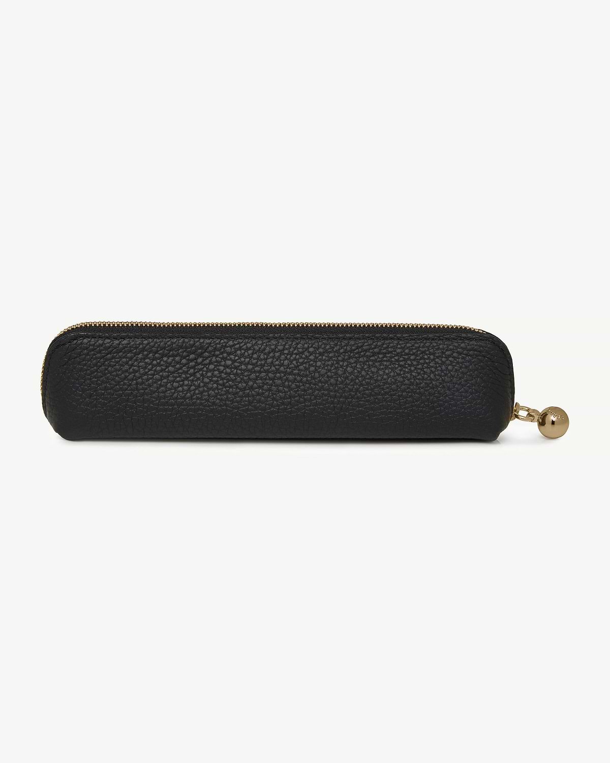 Black pebbled leather pencil case with gold zip and round pull.