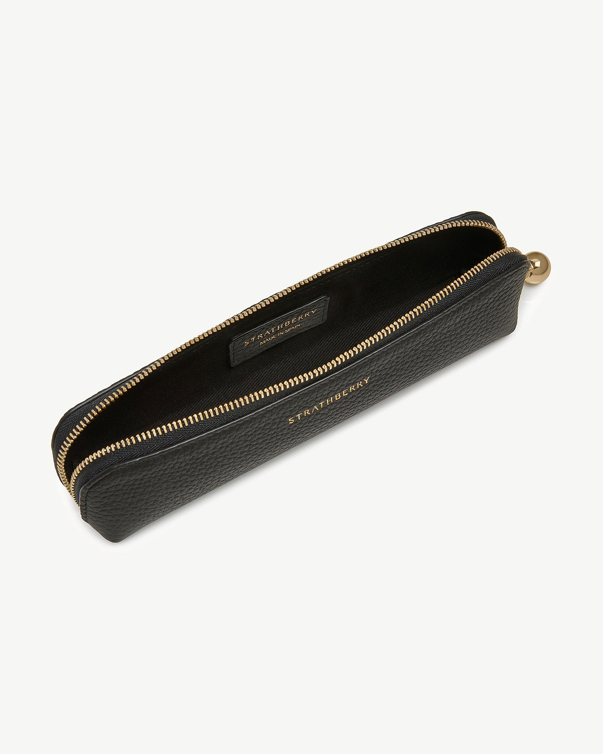 Black Strathberry pebbled leather pencil case with gold zip and logo.