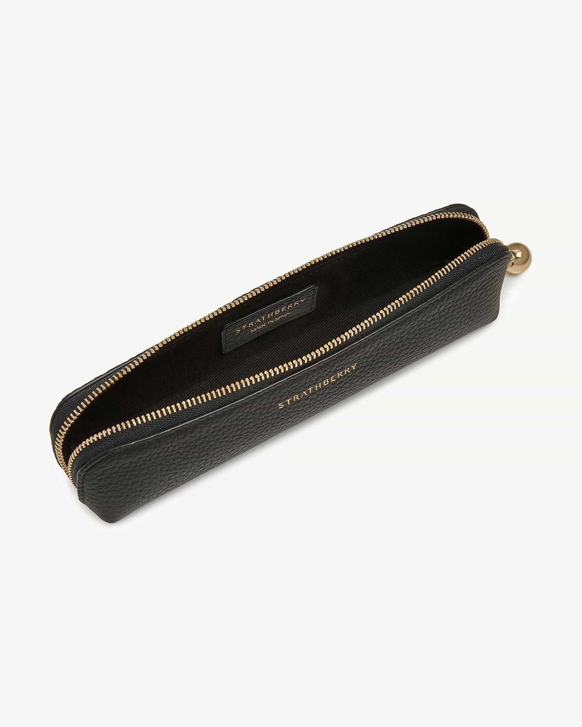 Black Strathberry pebbled leather pencil case with gold zip and logo.