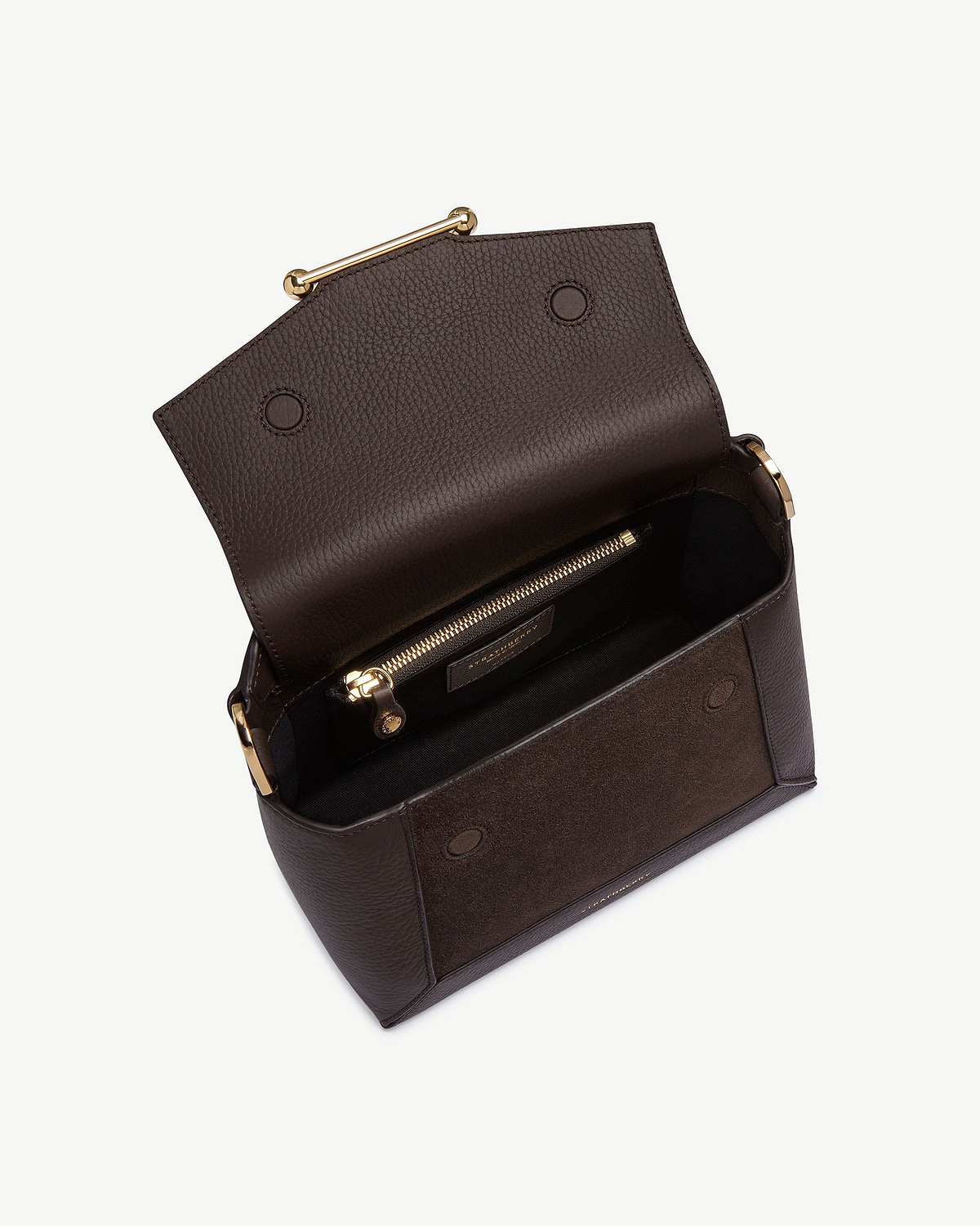 Dark chocolate suede and leather mosaic bag open, showing interior and gold zip.