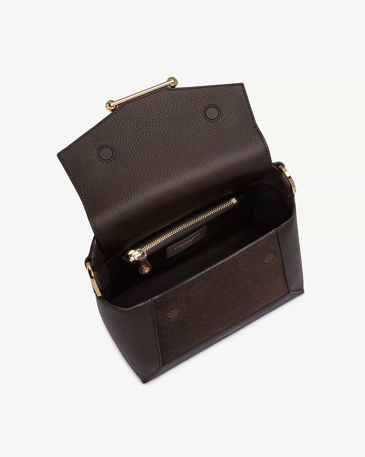 Dark chocolate suede and leather mosaic bag open, showing interior and gold zip.