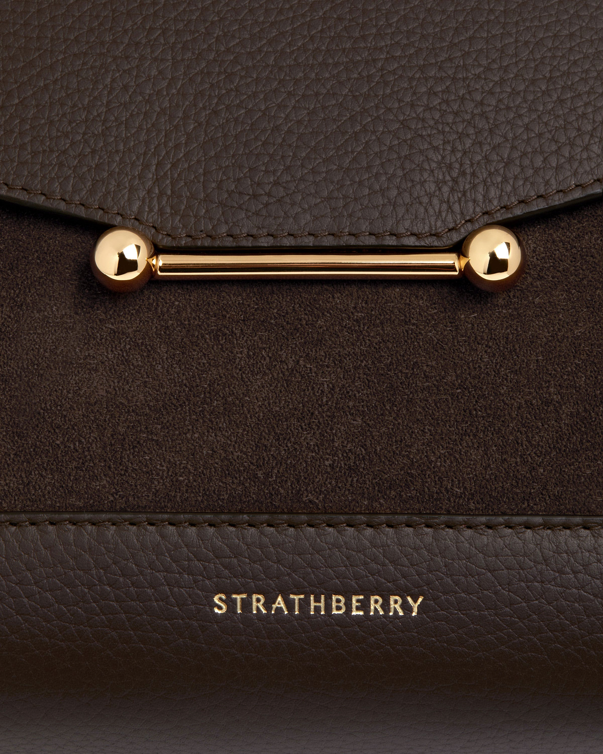 Dark chocolate suede and pebbled leather Mosaic bag with gold bar and Strathberry logo