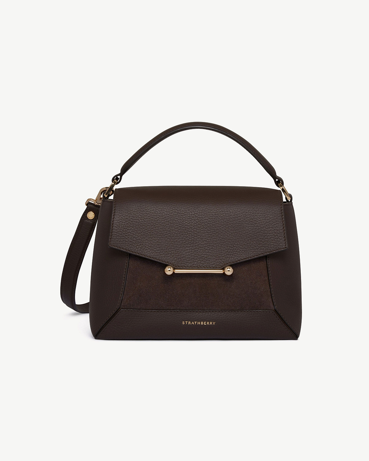 Strathberry dark chocolate mosaic bag in suede and leather with gold bar detail.