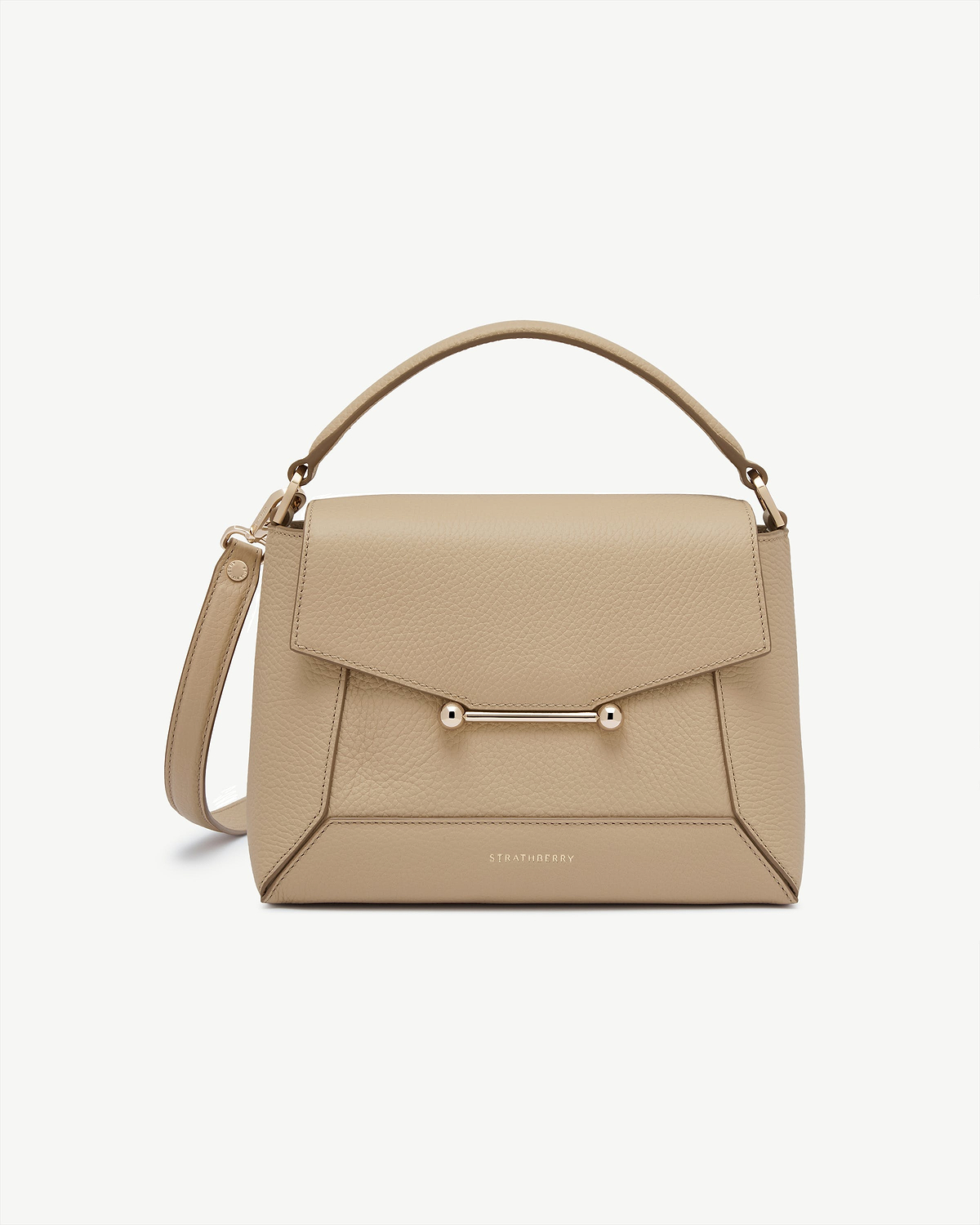 Strathberry sand mosaic bag with top handle and gold bar clasp.