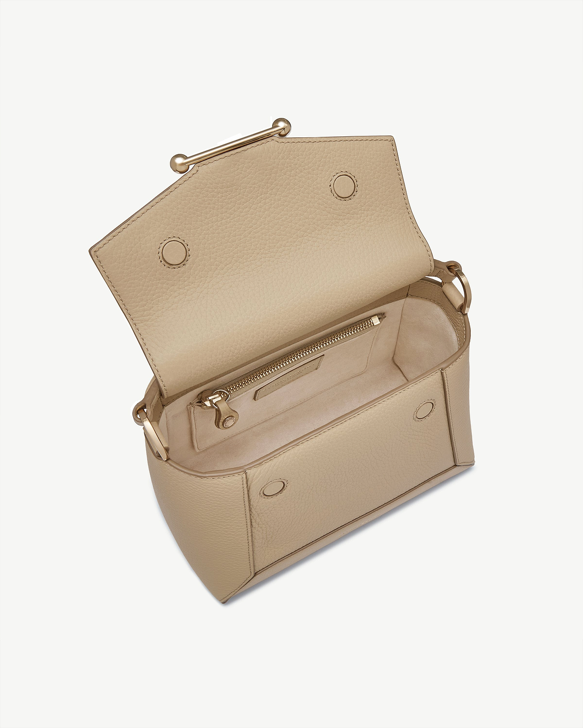 Sand mosaic bag open, showing interior pocket, zip compartment and gold hardware.