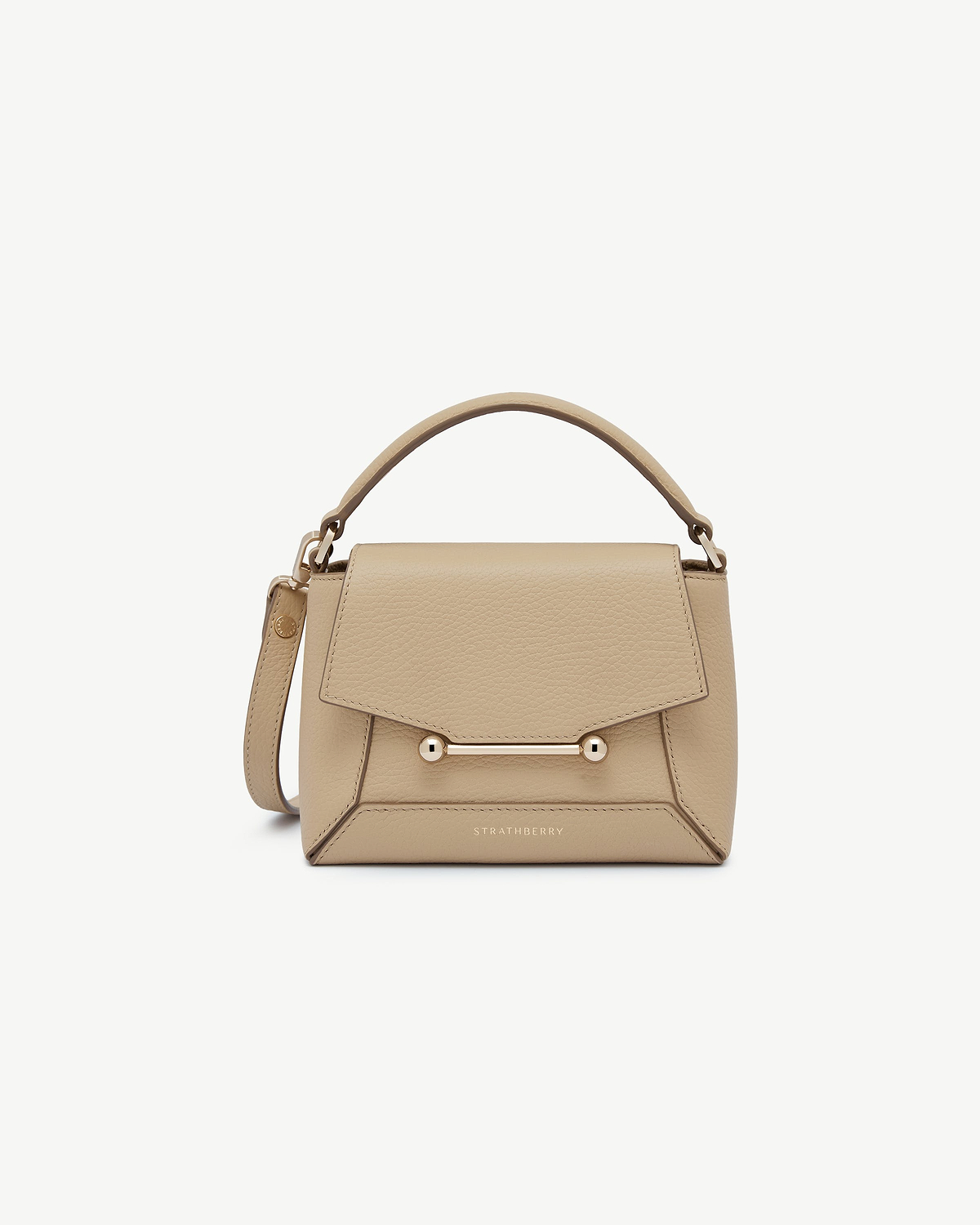 Strathberry Mosaic Nano top-handle bag in sand with gold bar detail.