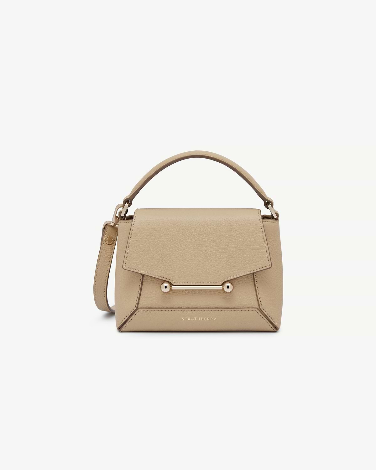 Strathberry Mosaic Nano top-handle bag in sand with gold bar detail.