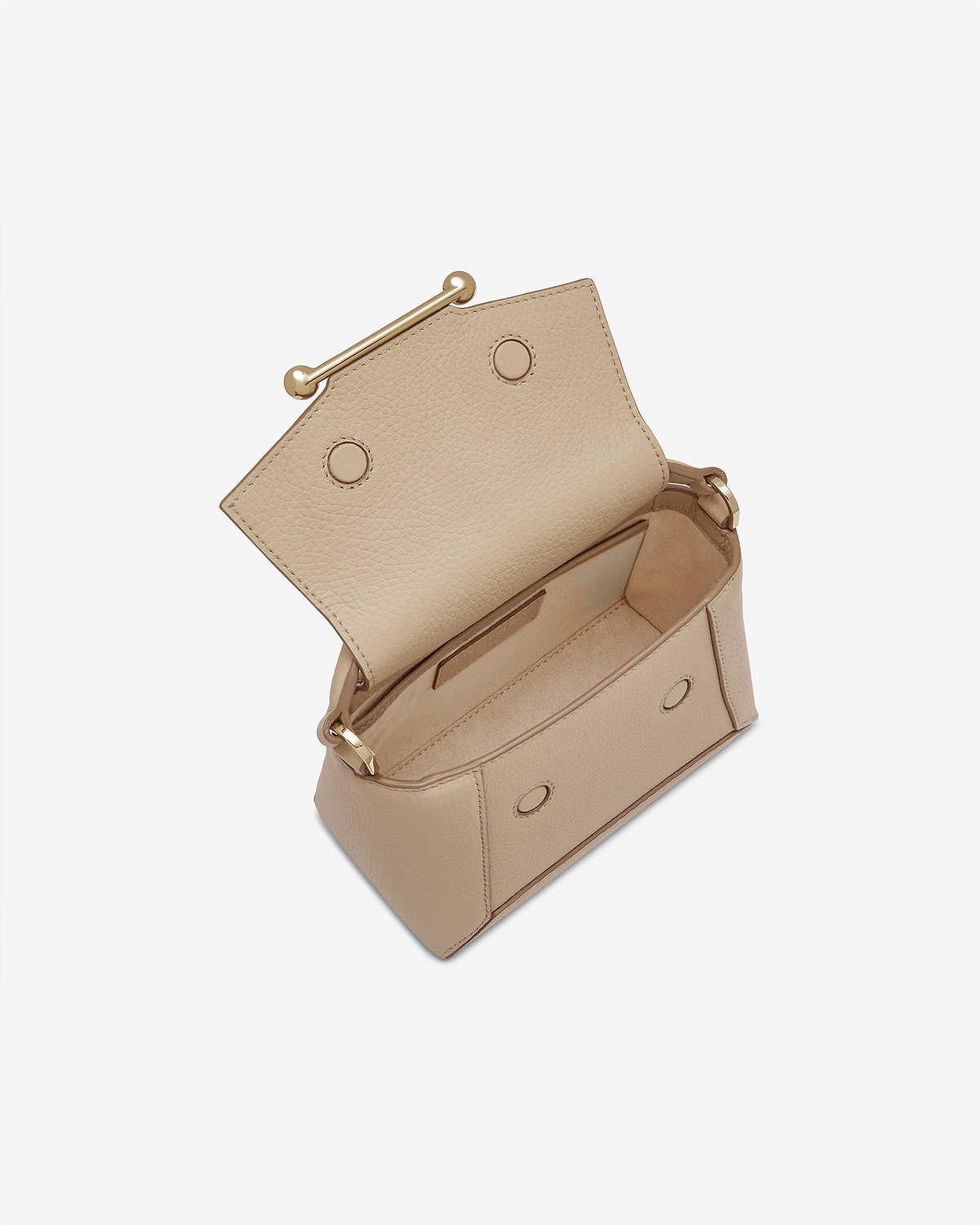 Open sand-coloured leather mini bag showing interior and gold bar fastening.