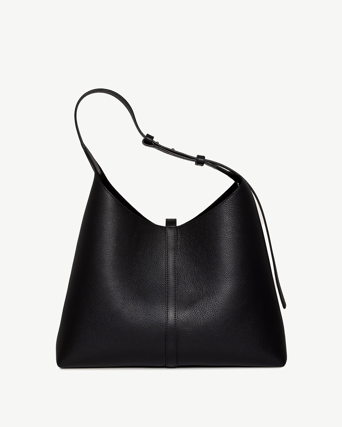Black pebbled leather hobo bag with single shoulder strap and central seam.