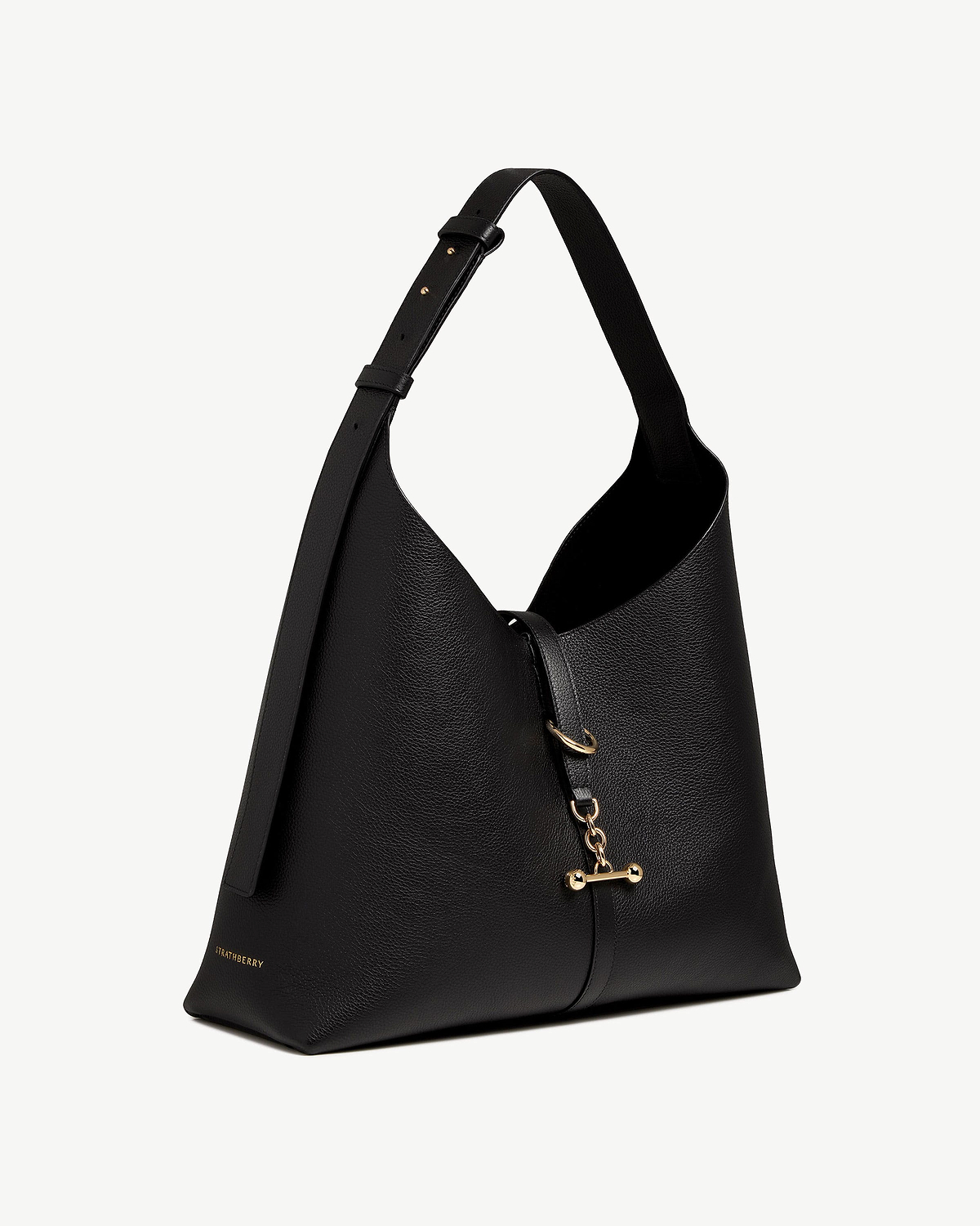 Black Strathberry Kite Hobo Maxi bag with gold logo and chain toggle closure.