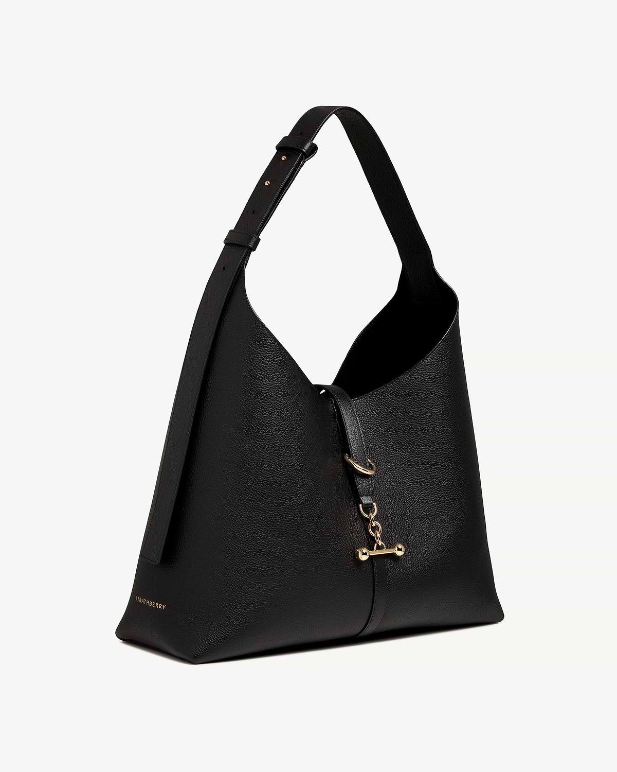 Black Strathberry Kite Hobo Maxi bag with gold logo and chain toggle closure.