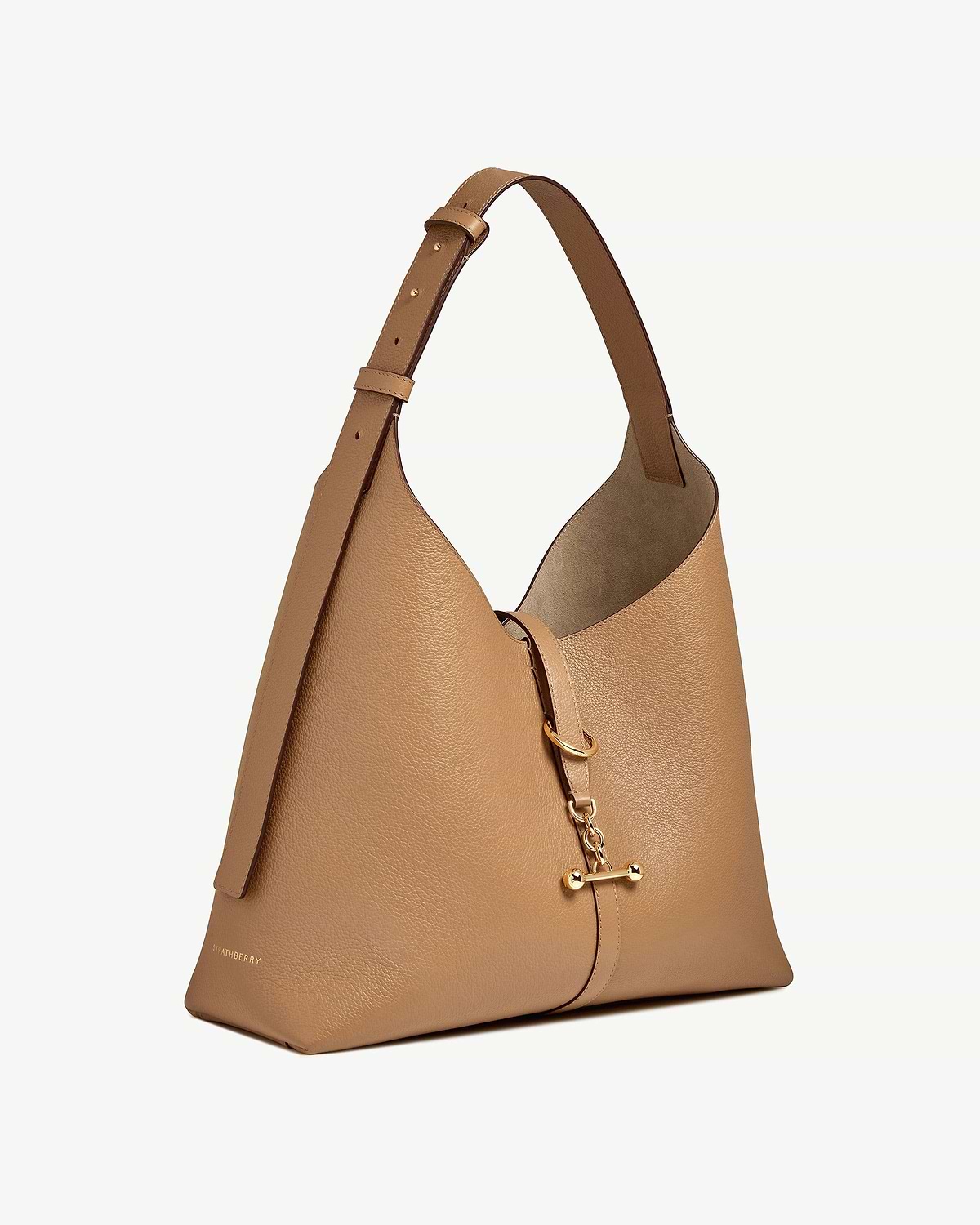Caramel leather Kite Hobo Maxi bag with top strap and gold bar charm, Strathberry