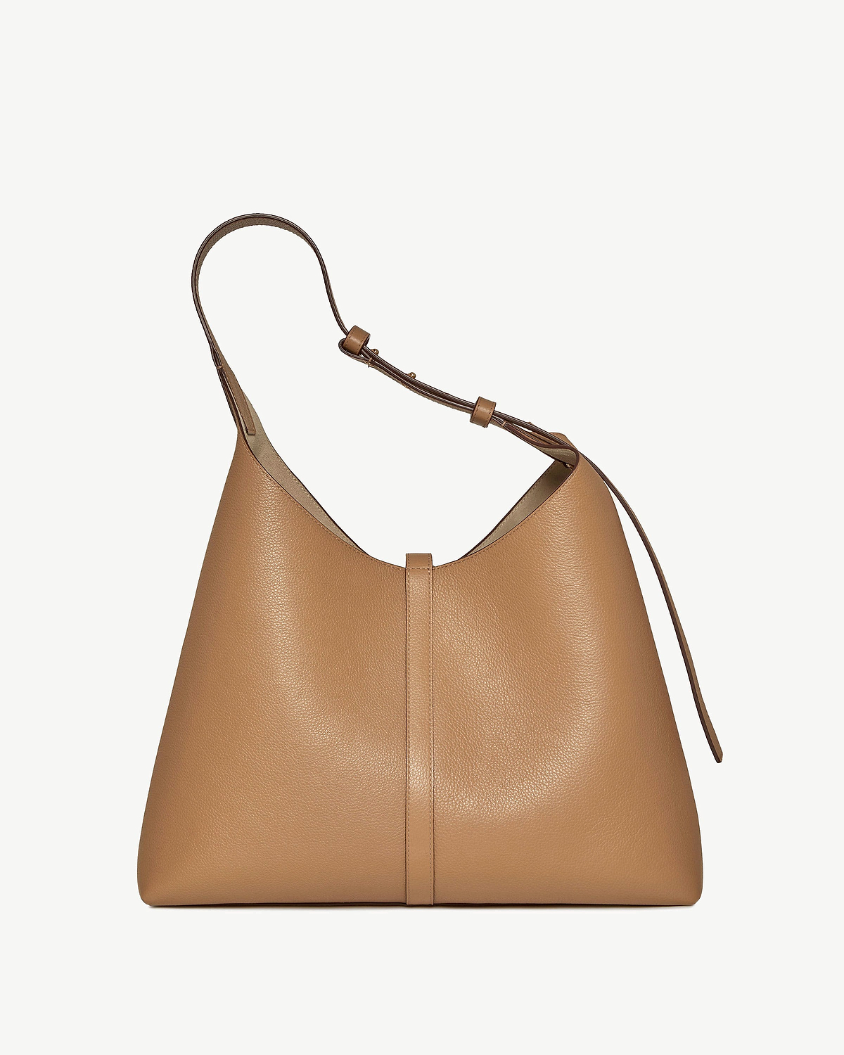 Caramel leather hobo bag with single shoulder strap and central seam.