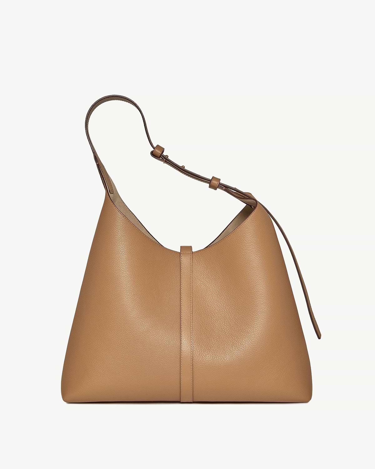 Caramel leather hobo bag with single shoulder strap and central seam.