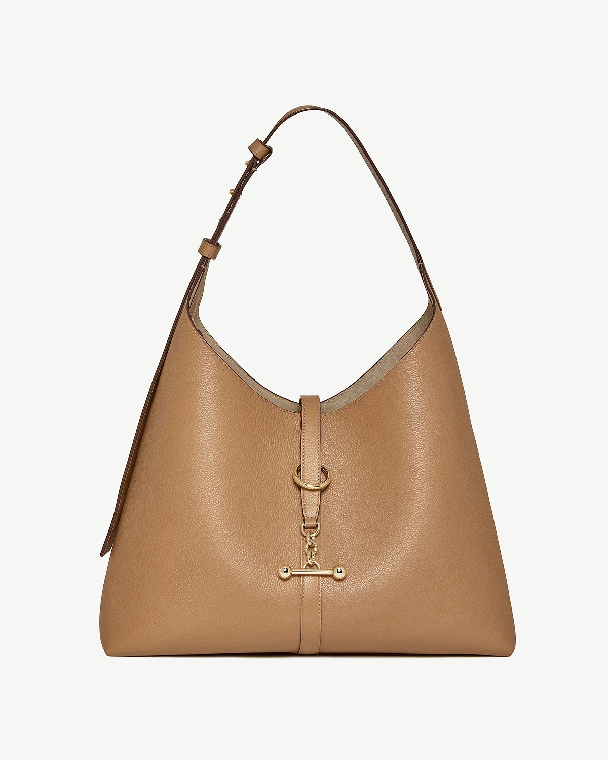 Caramel leather kite hobo maxi bag with top strap and gold hardware.