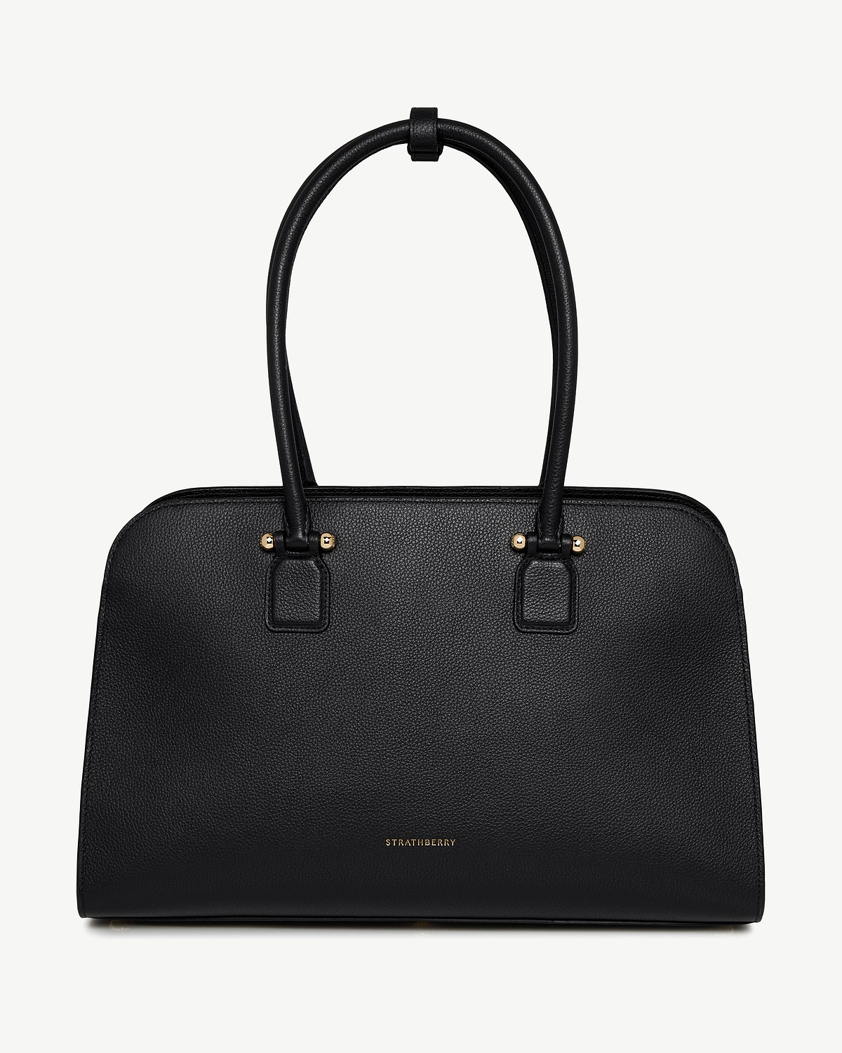 Black Strathberry Georgia Maxi pebbled leather tote with two rounded top handles.