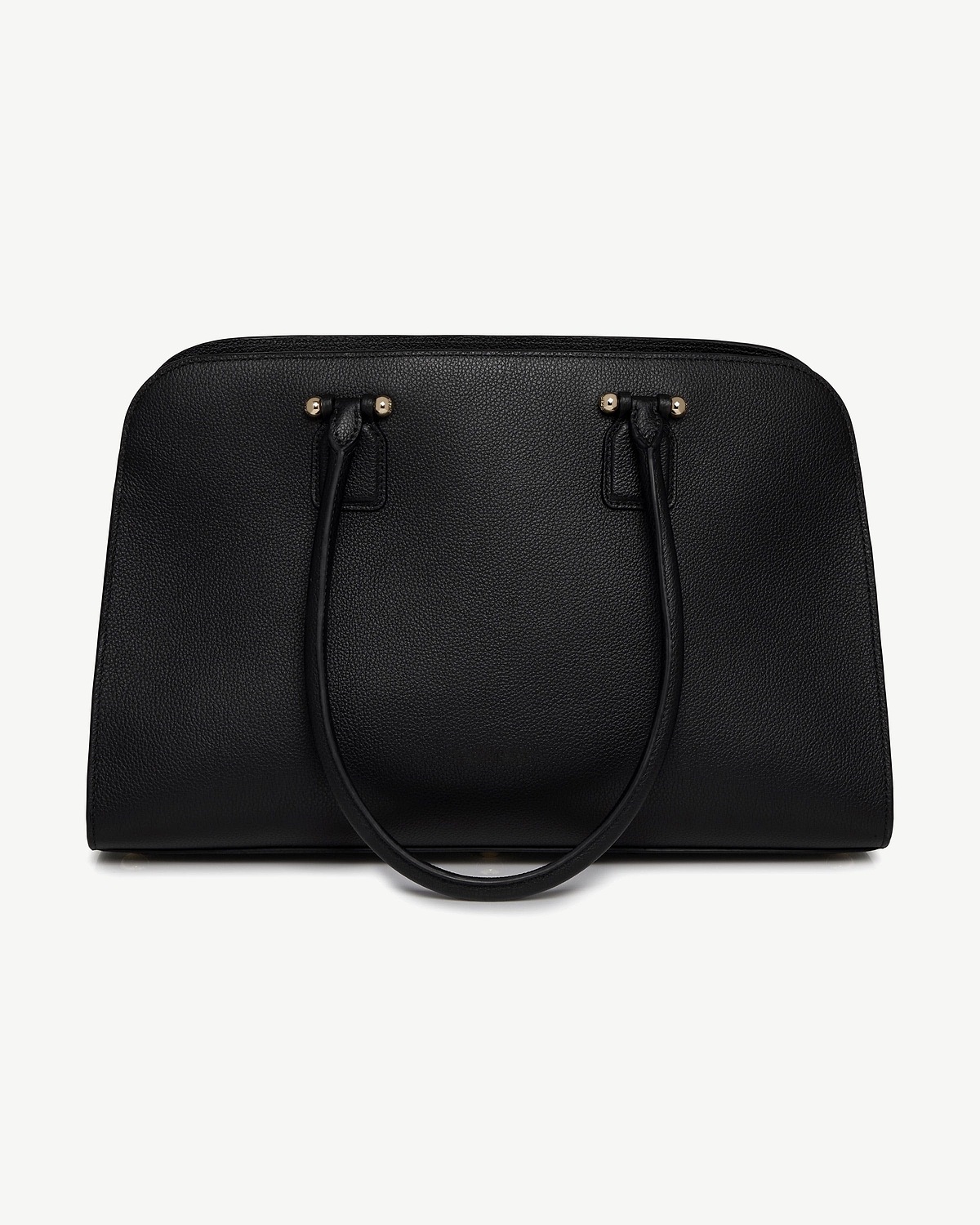 Black pebbled leather structured tote with rounded top and double handles.