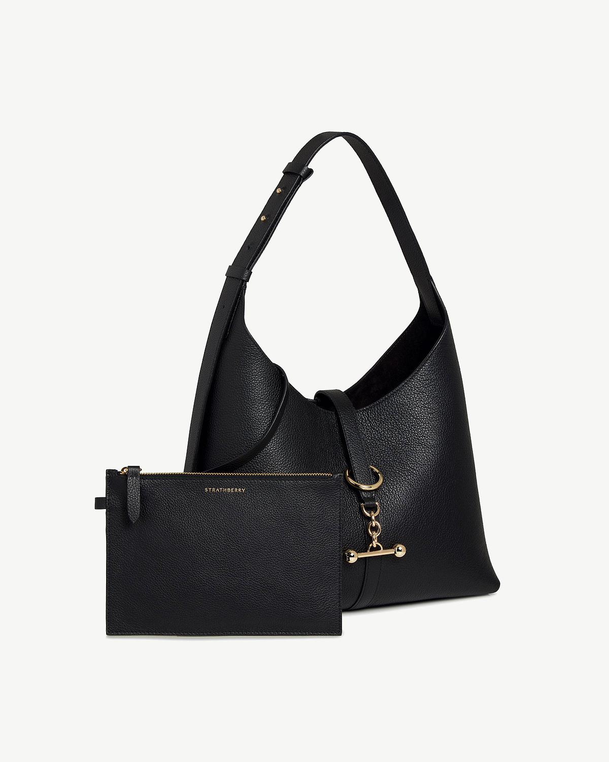 Black Strathberry Kite Hobo bag with detachable zipped pouch and gold hardware.
