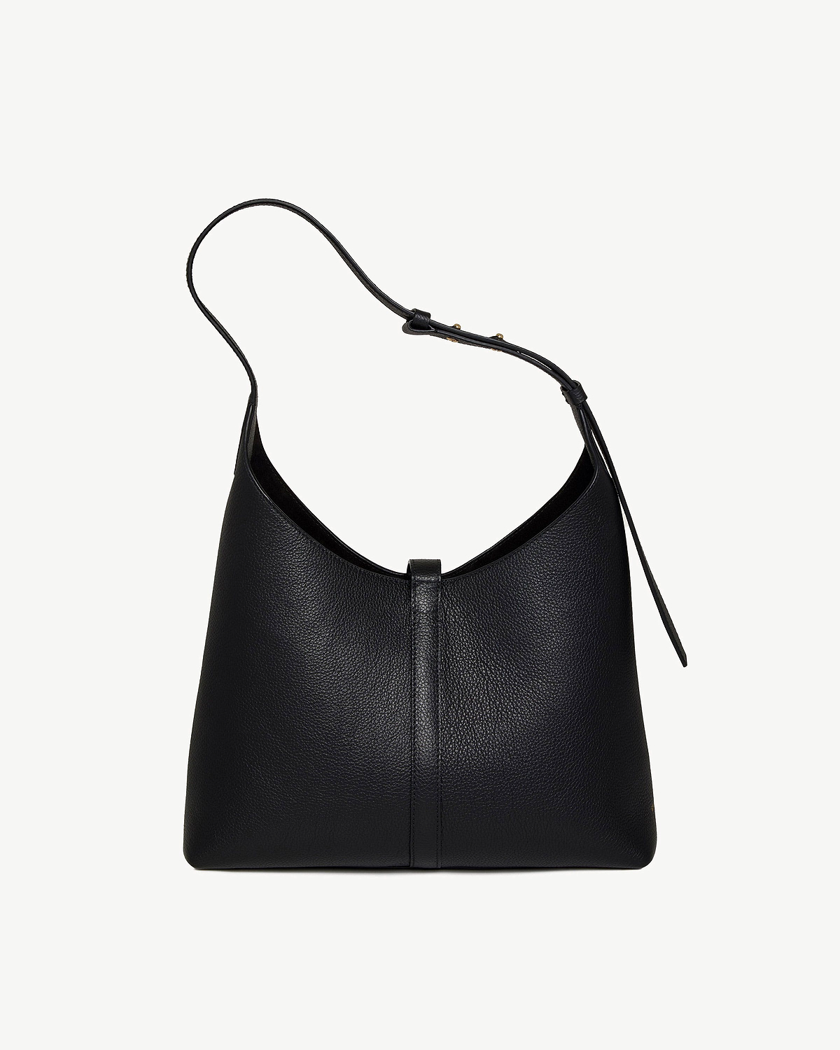 Black Kite Hobo bag in pebbled leather with single shoulder strap.