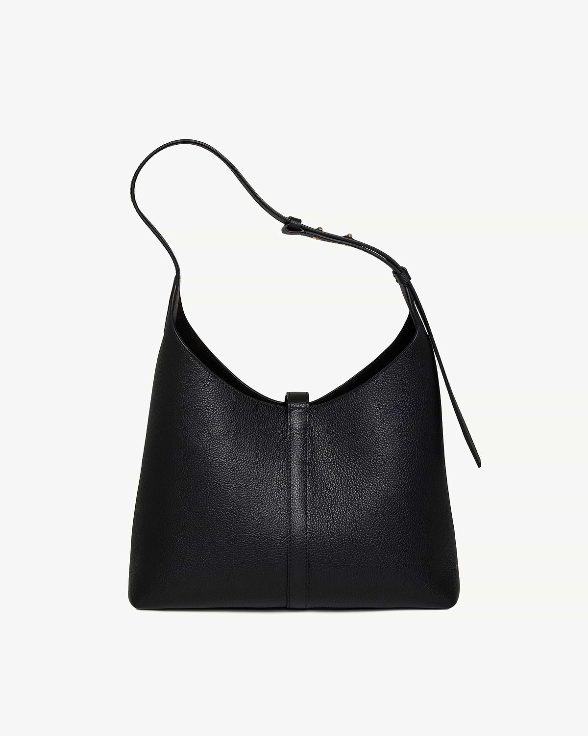 Black Kite Hobo bag in pebbled leather with single shoulder strap.