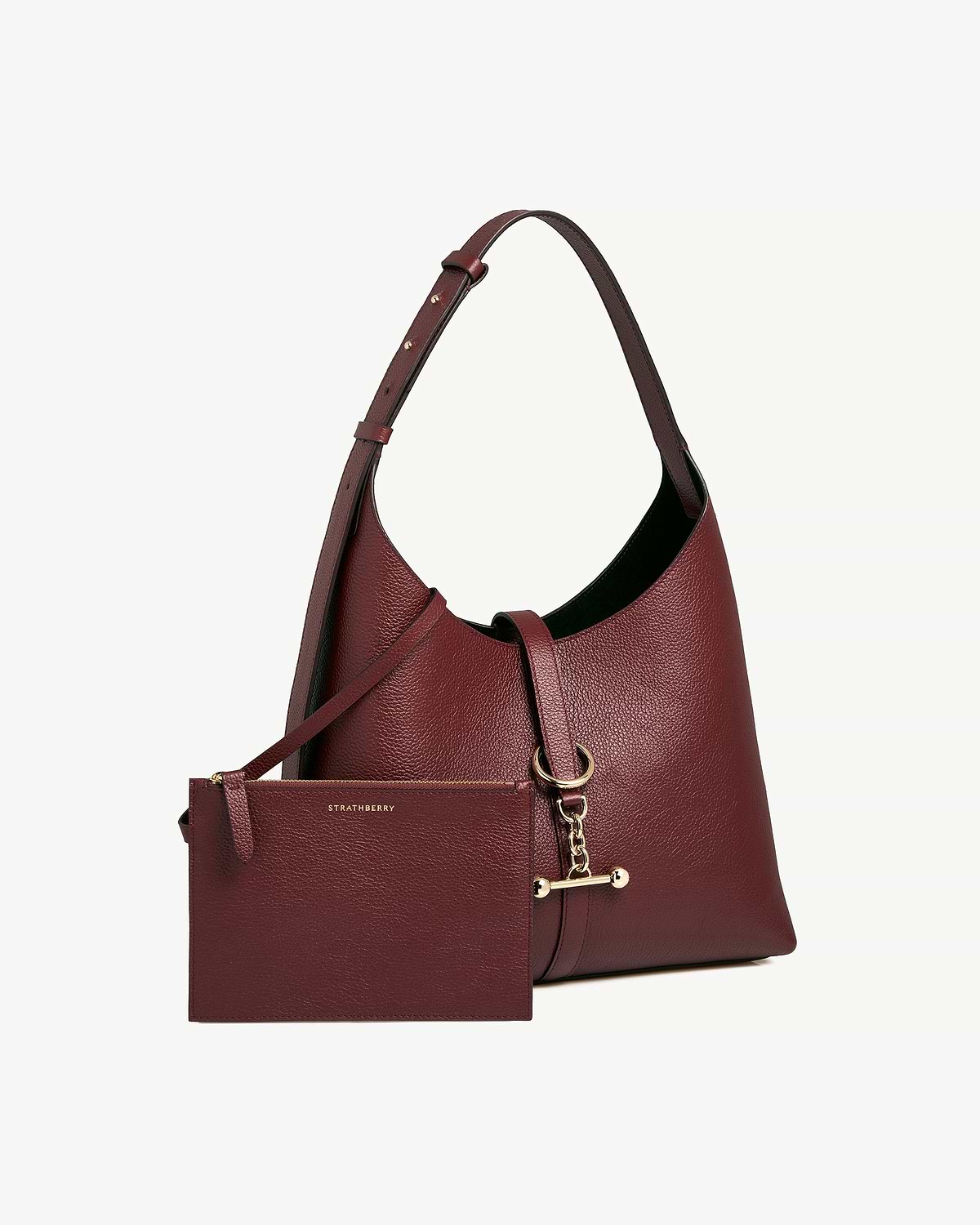 Strathberry Kite Hobo bag in oxblood leather with attached pouch and gold hardware.